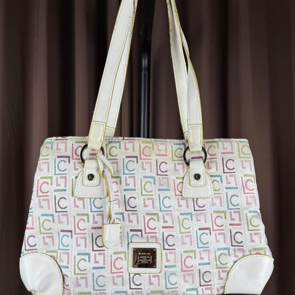 Liz Claiborne White Pink Multi Monogram Canvas Leather Trim Shoulder Bag Tote